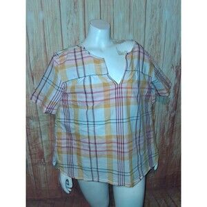 Eddie Bauer Multicolor Plaid Short Sleeve V-neck Blouse Sz XL